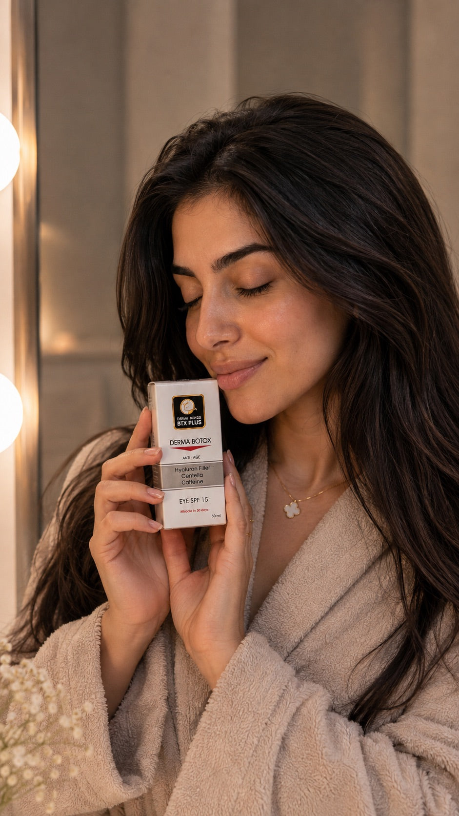 Close-up of an Arab woman holding Derma Botox Eye Serum 30ml with Centella, Caffeine and Hyaluron Filler during her daily skincare routine.