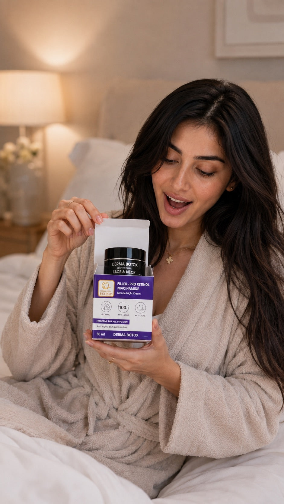 Arab woman holding and opening Derma Botox Night Cream 50ml packaging during her nighttime skincare routine.
