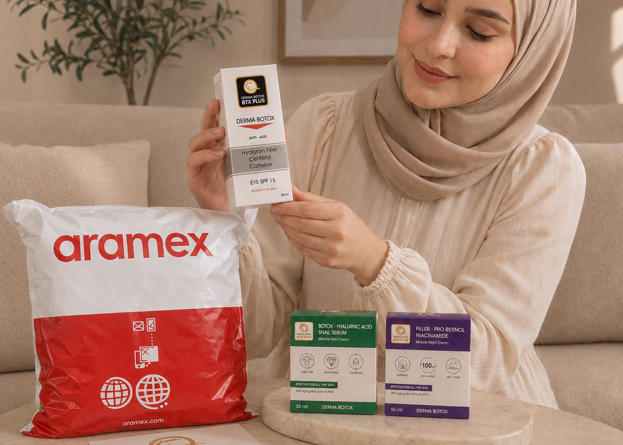 Customer receiving a Derma Botox order with secure Aramex delivery and authentic skincare products.