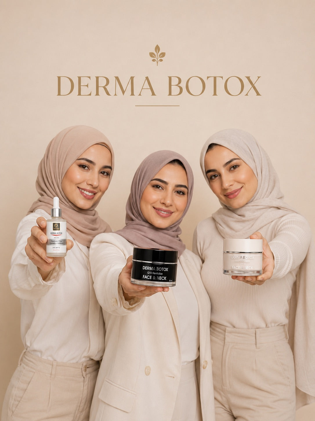 Three women holding Derma Botox skincare products including day cream, night cream and eye serum