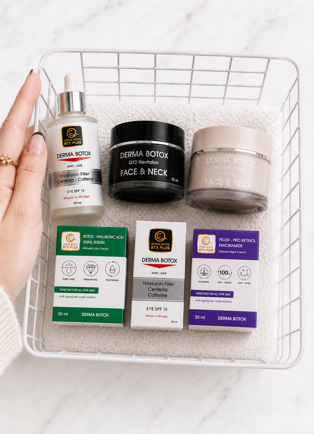 Derma Botox skincare collection with Day Cream, Night Cream and Eye & Lip Serum for healthy-looking skin