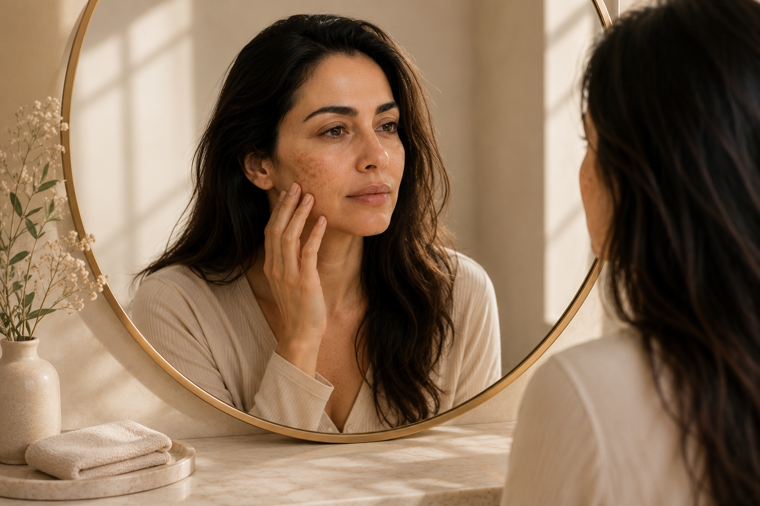 A woman naturally examining her skin in a mirror before choosing a personalized skincare routine.
