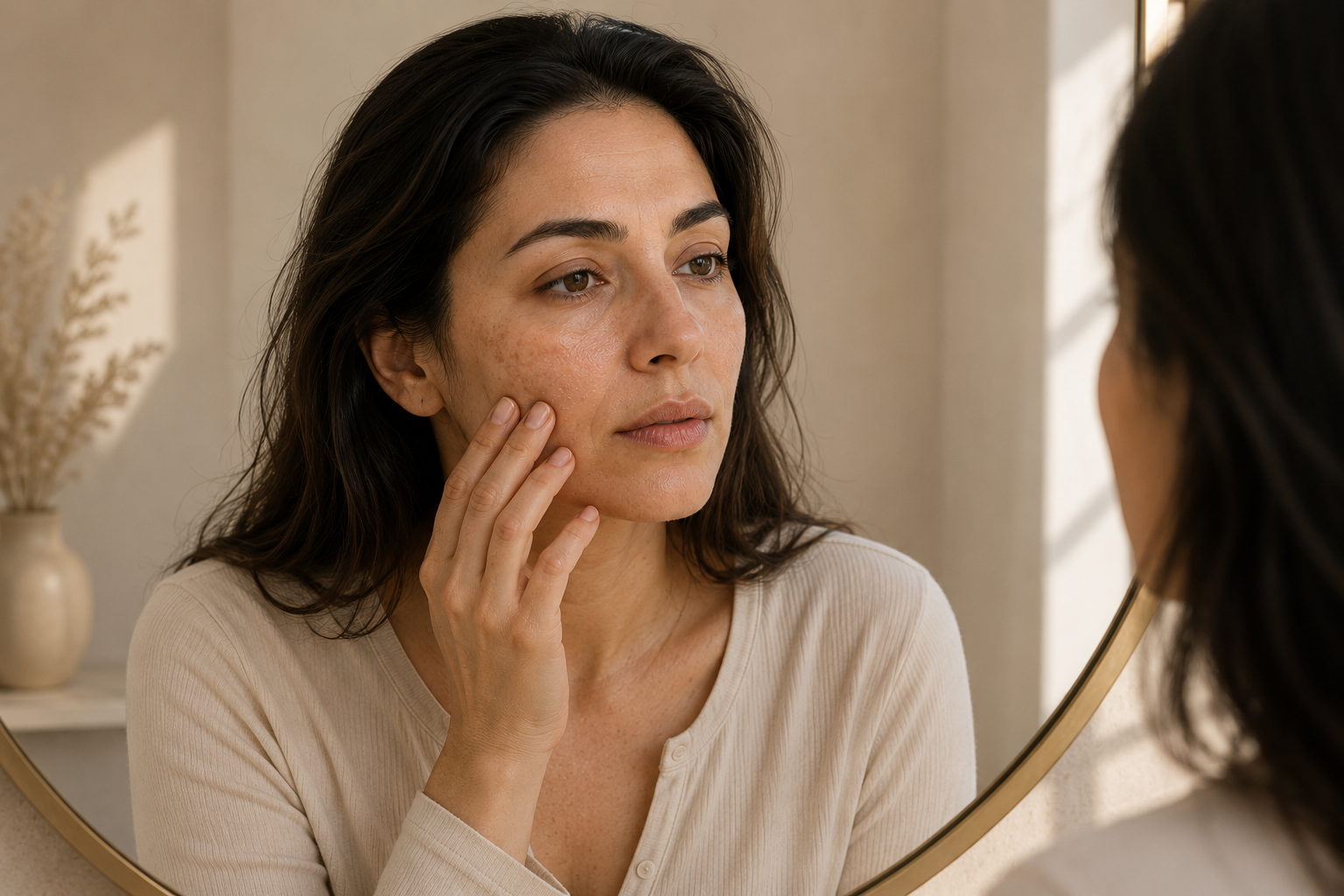 A woman examining her skin in a mirror before starting a personalized skincare routine.