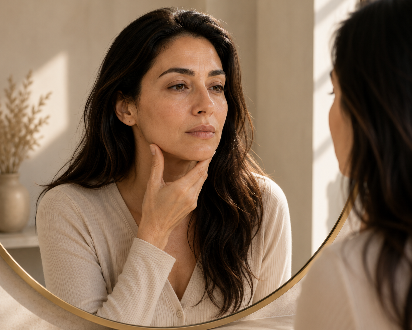 A woman checking her facial contours in a mirror before starting a personalized skincare routine.