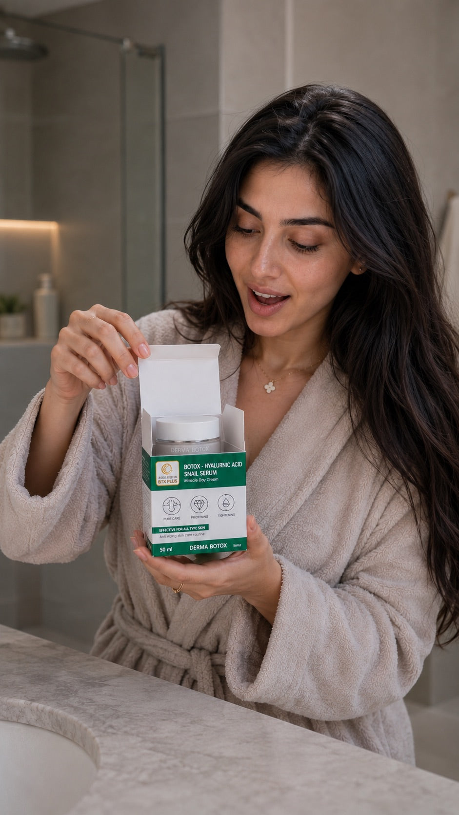Arab woman unboxing Derma Botox Pro-Collagen Face & Neck Cream 50ml in a bright bathroom before applying her skincare routine.