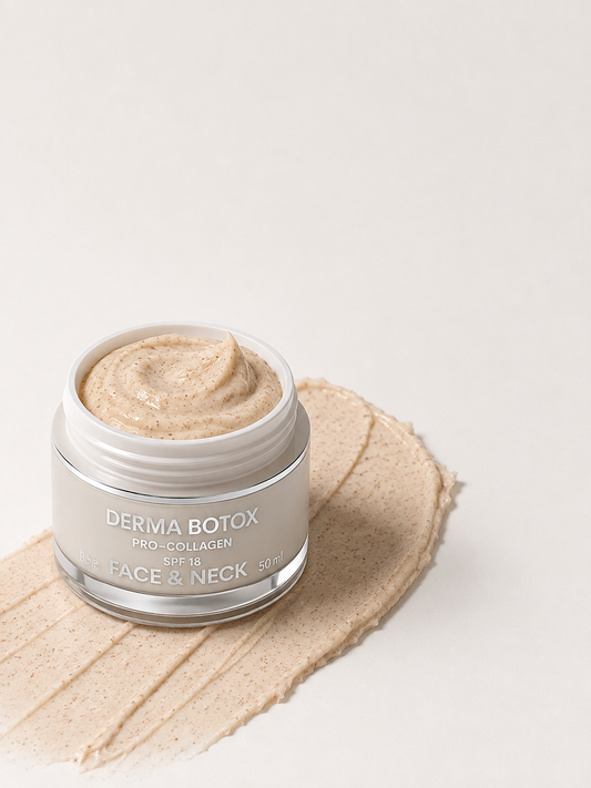 Derma Botox Pro-Collagen Face & Neck Cream 50ml with light beige exfoliating cream and fine brown particles on a white background.