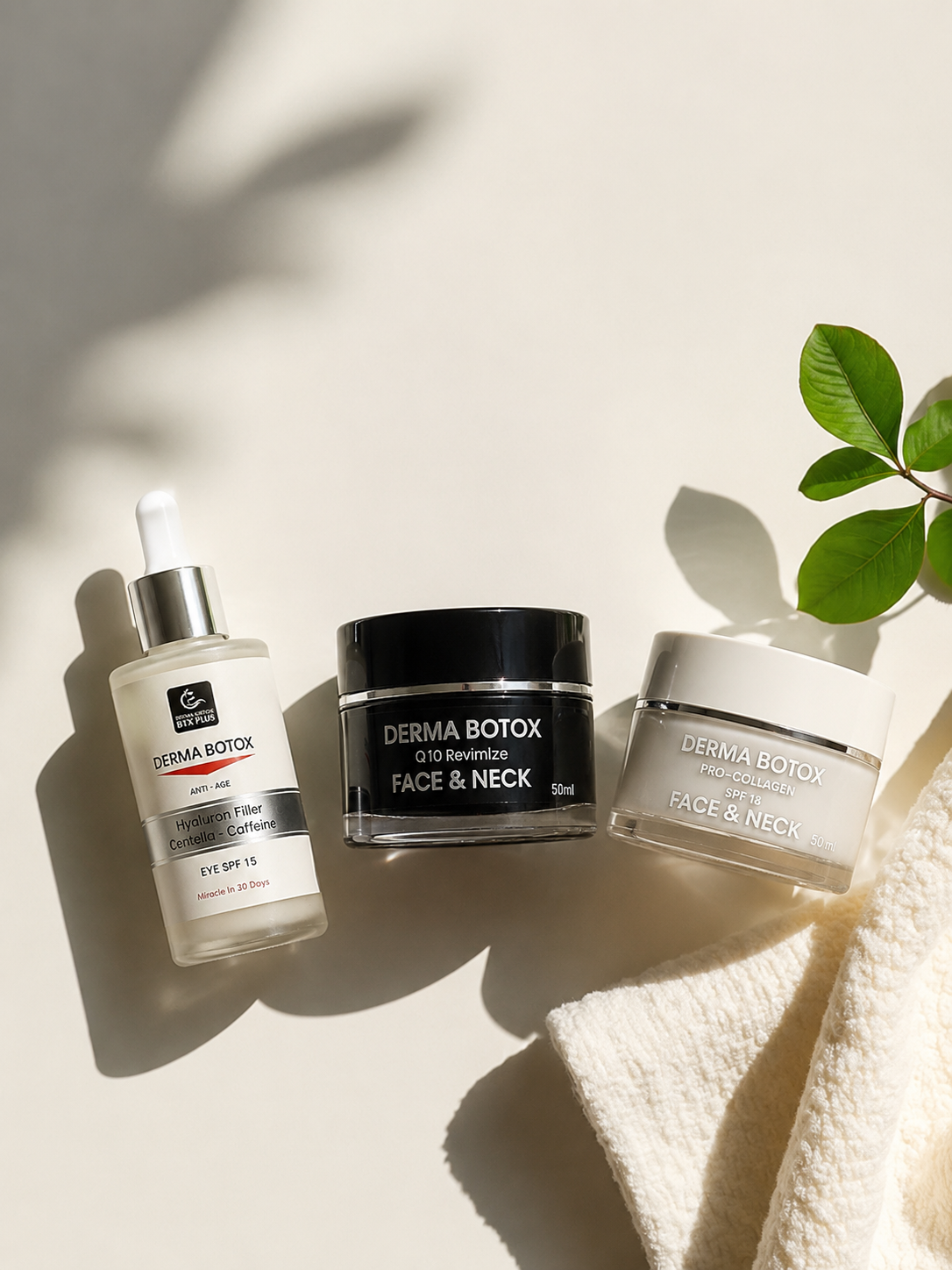 Derma Botox premium skincare products including Eye & Lips Serum, Day Cream SPF, and Night Cream in a luxury skincare flat lay with natural lighting.