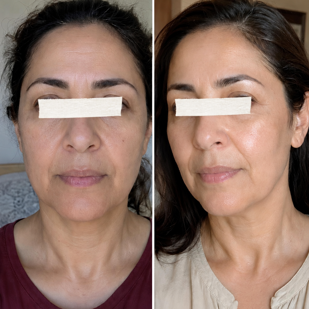 Before and after side-by-side comparison of a woman's face, demonstrating the effects of a skincare treatment. The left panel shows a darker, drier complexion with a white band covering the eyes, while the right panel shows a brighter, smoother complexion.