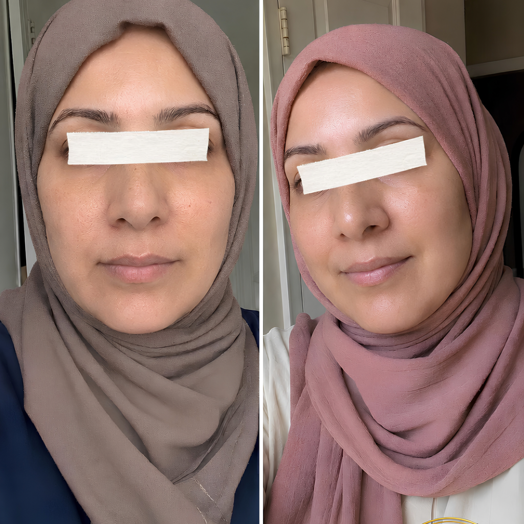 Before and after using the Derma Botox skincare routine, showing brighter, smoother and more even-looking skin.