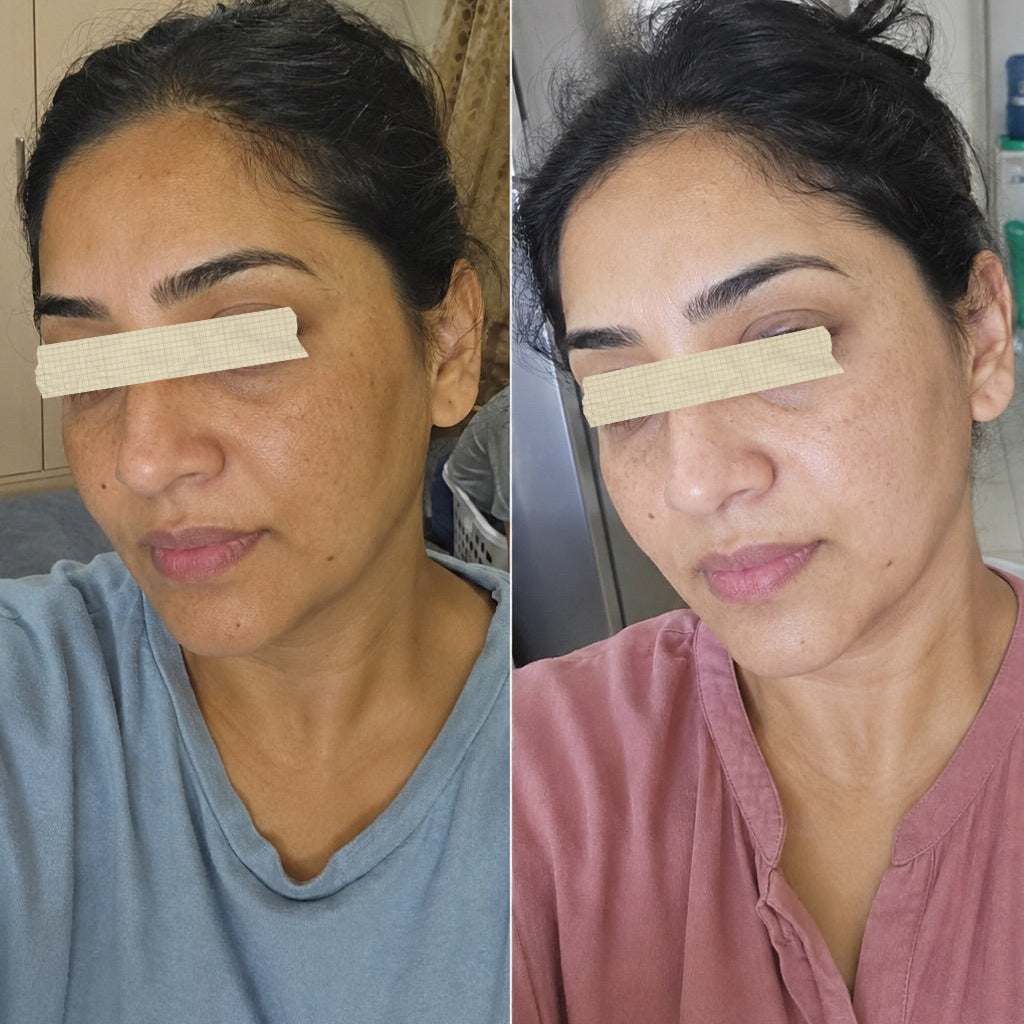 A side-by-side before and after style comparison photo of a woman indoors. The left panel shows her wearing a light blue top, and the right panel shows her wearing a dusty pink top.