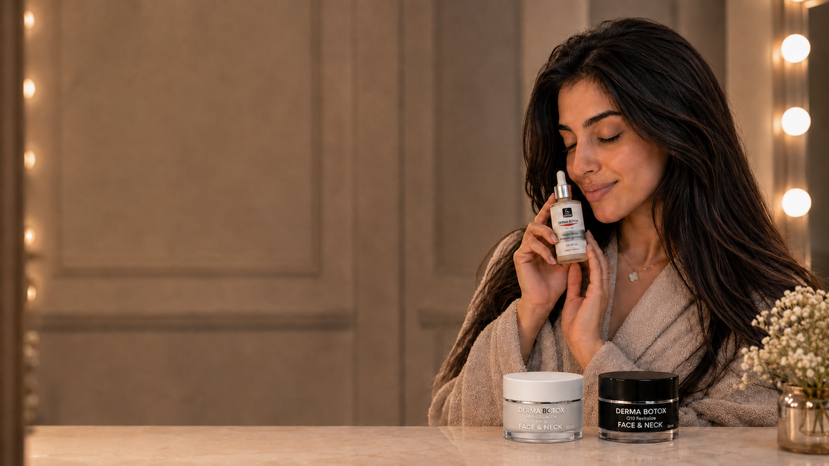 Arab woman using the Derma Botox skincare routine with eye serum, day cream, and night cream