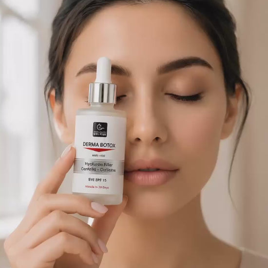 Short video of an Arab woman holding Derma Botox Eye & Lips Serum for skincare routine