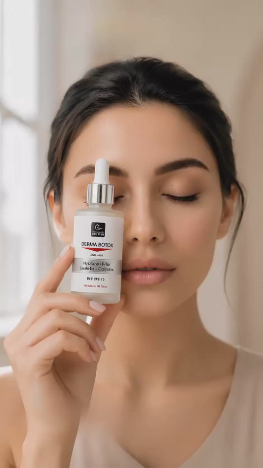 Short video of an Arab woman holding Derma Botox Eye & Lips Serum for skincare routine
