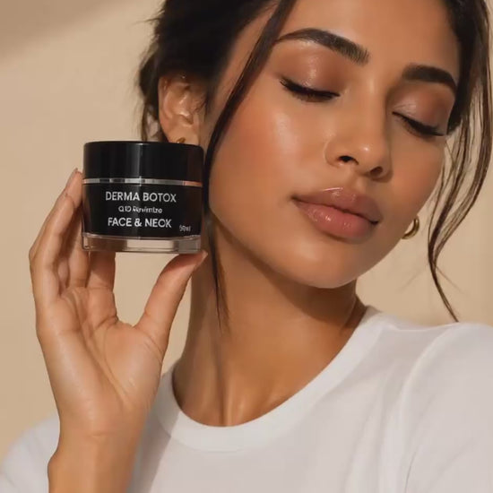 Arab woman holding Derma Botox Night Cream 50ml during a luxury skincare routine video for face and neck.