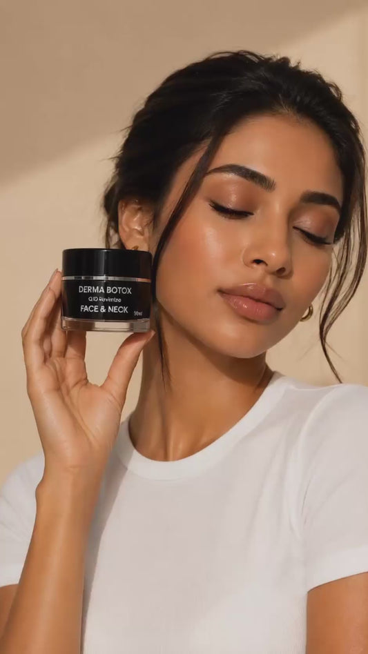 Arab woman holding Derma Botox Night Cream 50ml during a luxury skincare routine video for face and neck.