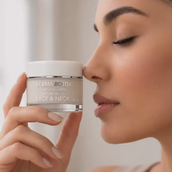 Close-up of an Arab woman holding Derma Botox Pro-Collagen Face & Neck Cream 50ml in a premium skincare routine video.