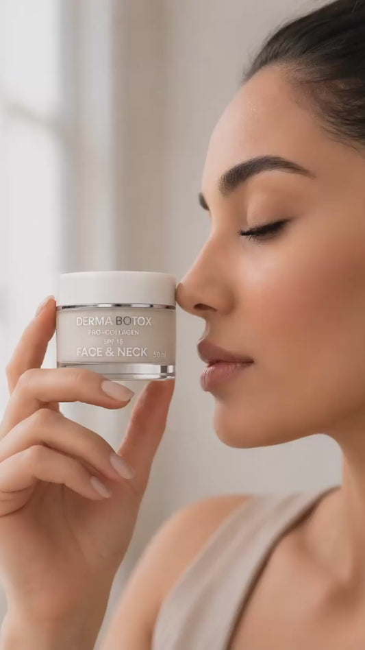 Close-up of an Arab woman holding Derma Botox Pro-Collagen Face & Neck Cream 50ml in a premium skincare routine video.