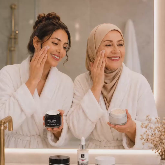 Two Arab women using Derma Botox Day Cream, Night Cream and Eye Serum during their daily skincare routine in a bright luxury bathroom.