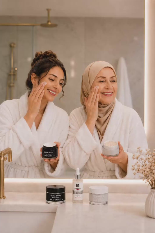 Two Arab women using Derma Botox Day Cream, Night Cream and Eye Serum during their daily skincare routine in a bright luxury bathroom.